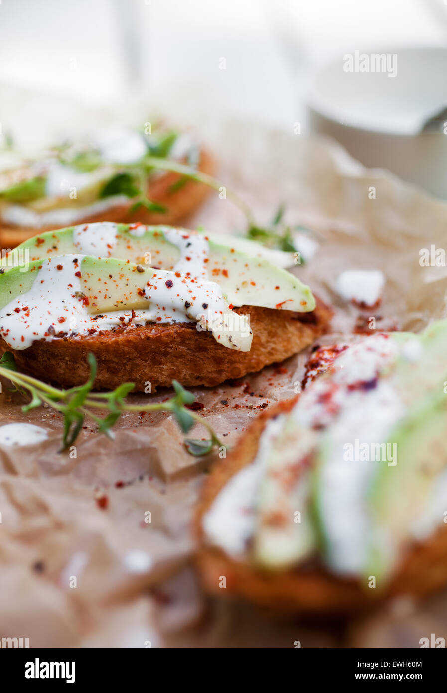 Avocado toast with cream cheese and chili Stock Photo Alamy