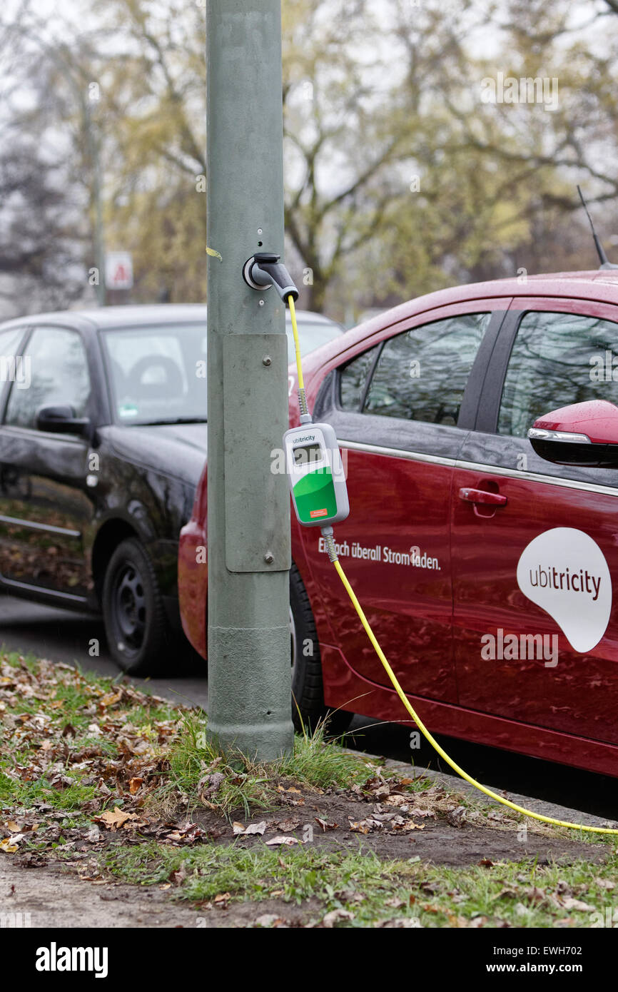 Berlin, Germany, Electric Car fueling power to a street lamp Stock Photo