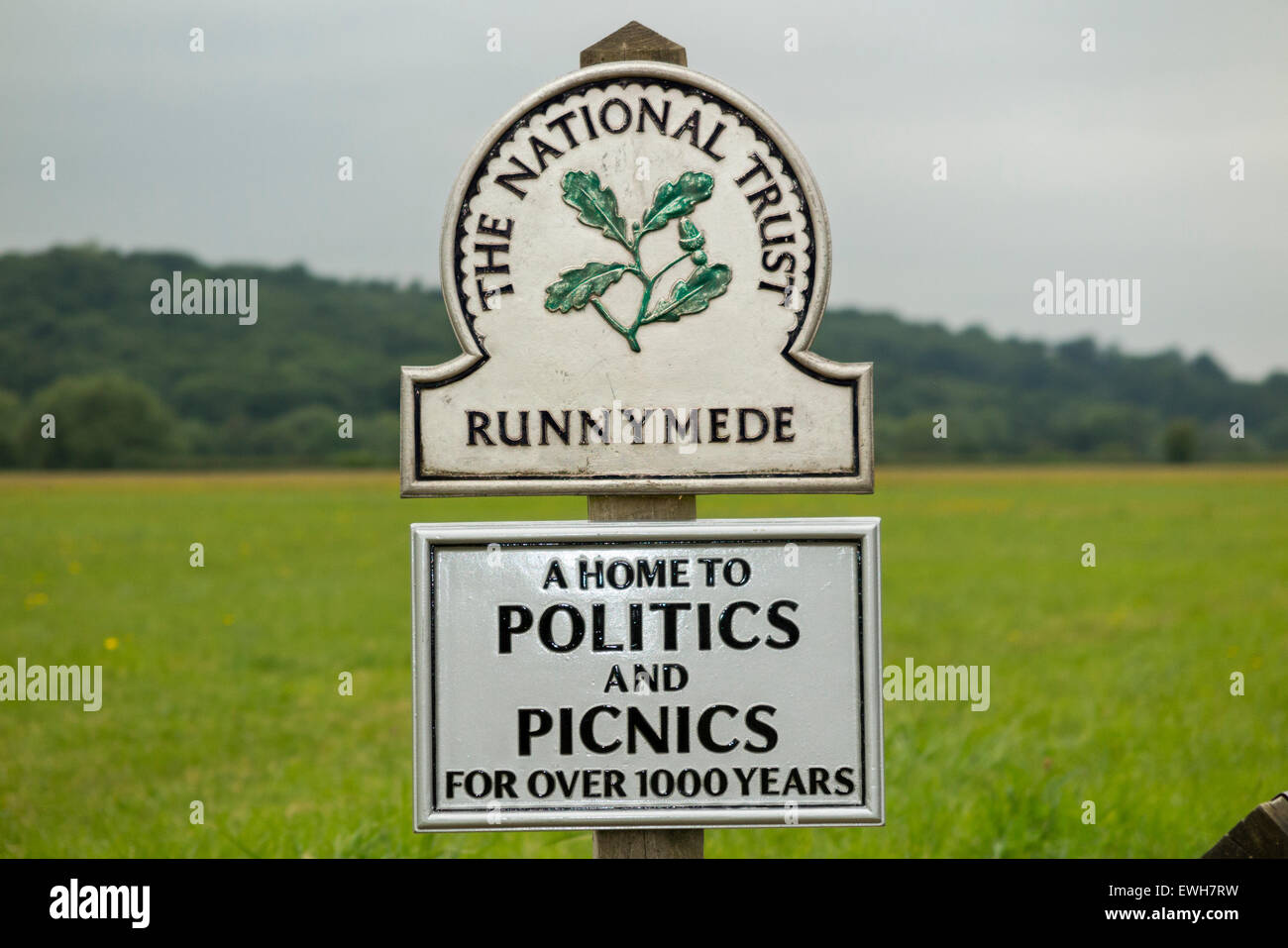 National Trust sign / signpost / post; Runnymede, Surrey. UK. Runnymede was the site of the signing of Magna Carta in year 1215. Stock Photo