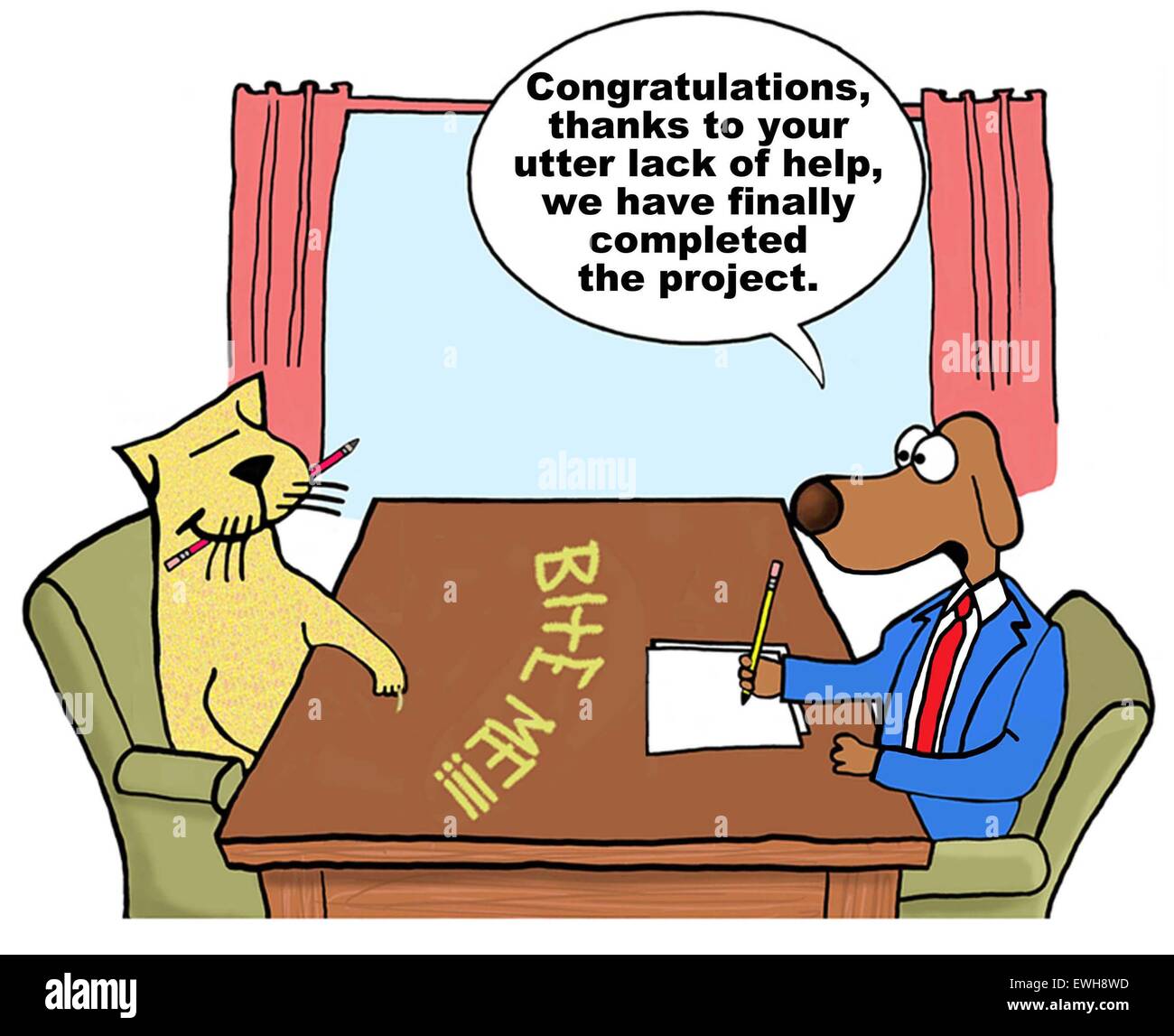 Business cartoon of business dog saying to cat, '...your utter lack of help, we have finally completed the project'. Stock Photo