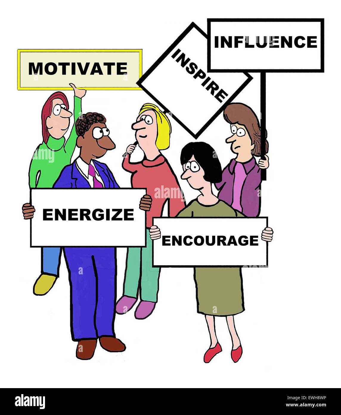Business cartoon of businesspeople holding signs on 'motivate: inspire, influence, energize, encourage'. Stock Photo