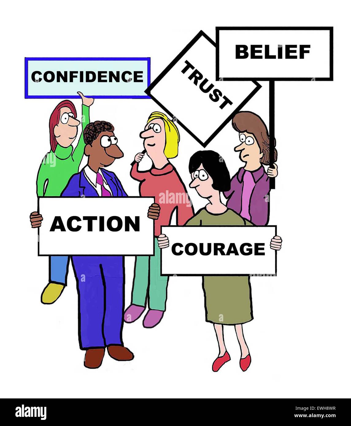 Business cartoon of businesspeople holding signs on 'confidence: trust, belief, courage, action'. Stock Photo