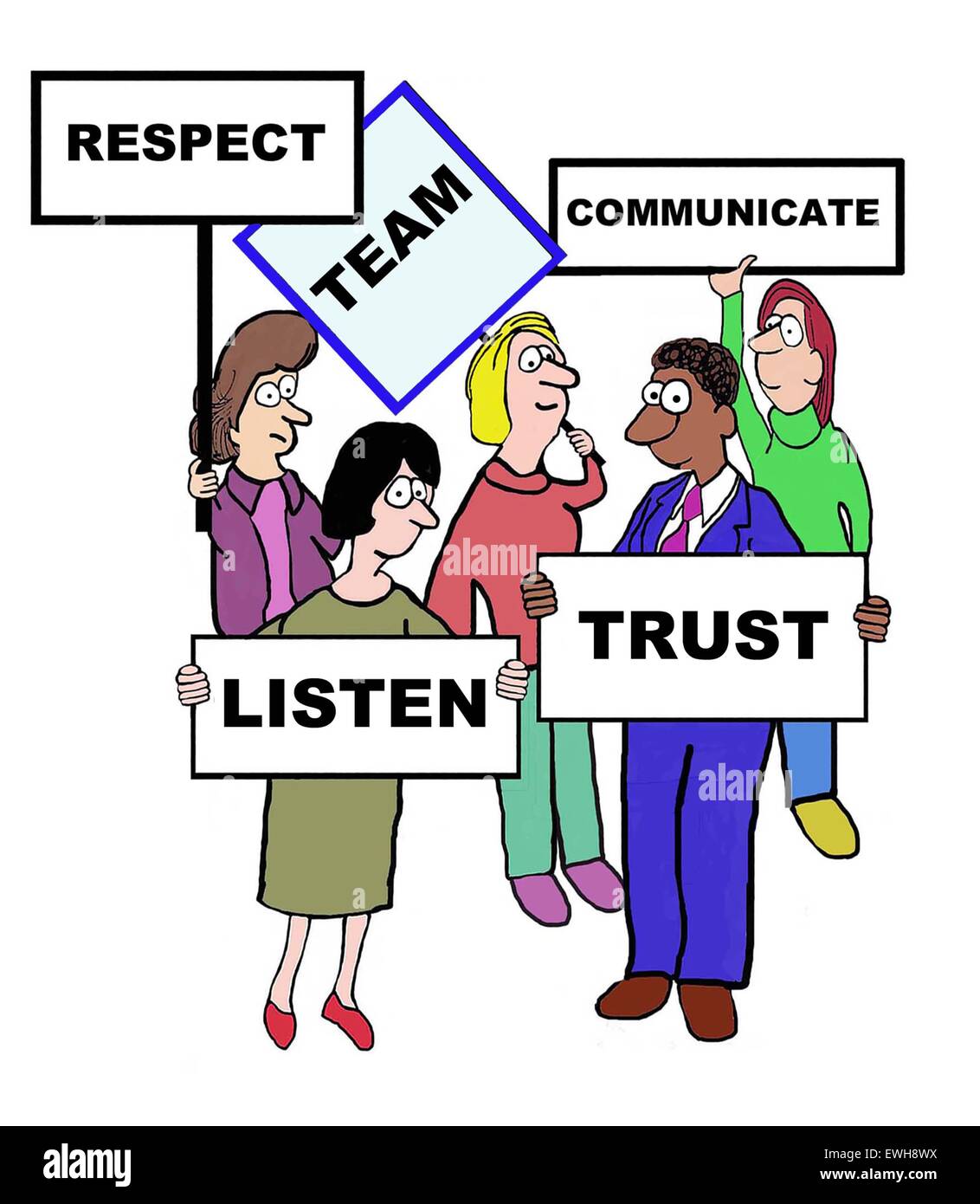 Business cartoon of businesspeople holding signs, 'team: respect, communicate, trust, listen'. Stock Photo