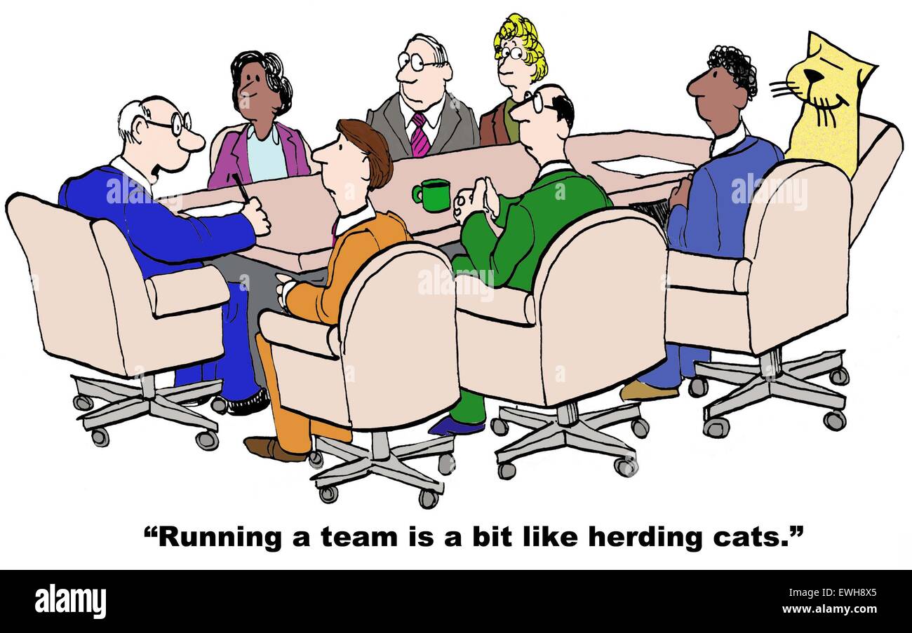 Business cartoon of meeting including a cat, leader says, 'running a team is a bit like herding cats'. Stock Photo