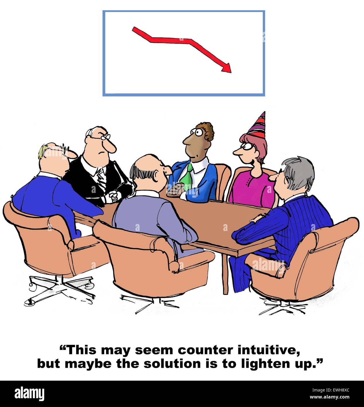 Business cartoon of meeting and chart with declining sales, '...seem