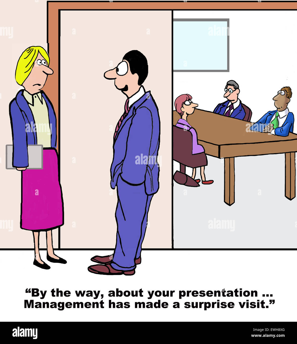Business cartoon of nervous businesswoman, boss says to her