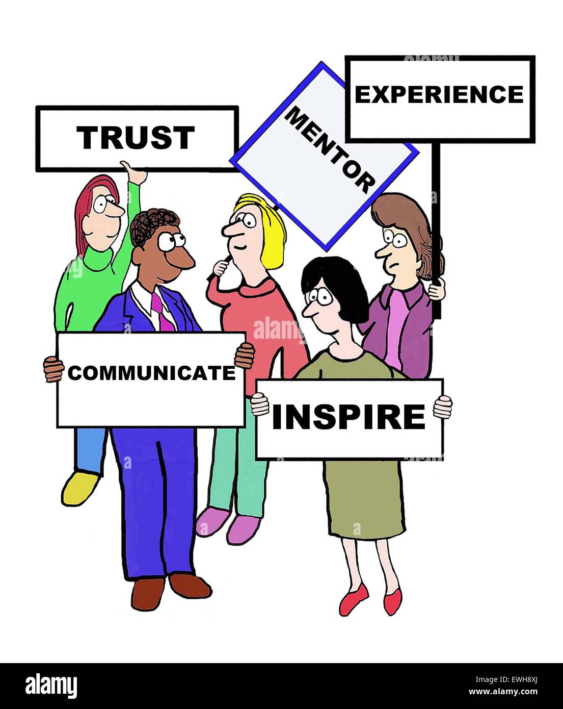 Business cartoon with signs defining 'mentor': 'trust, experience, inspire, communicate'. Stock Photo