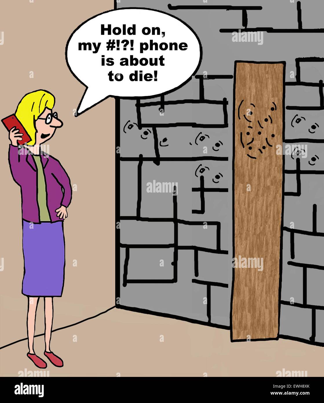 Business cartoon of woman next to firing squad pole, '... my phone is ...