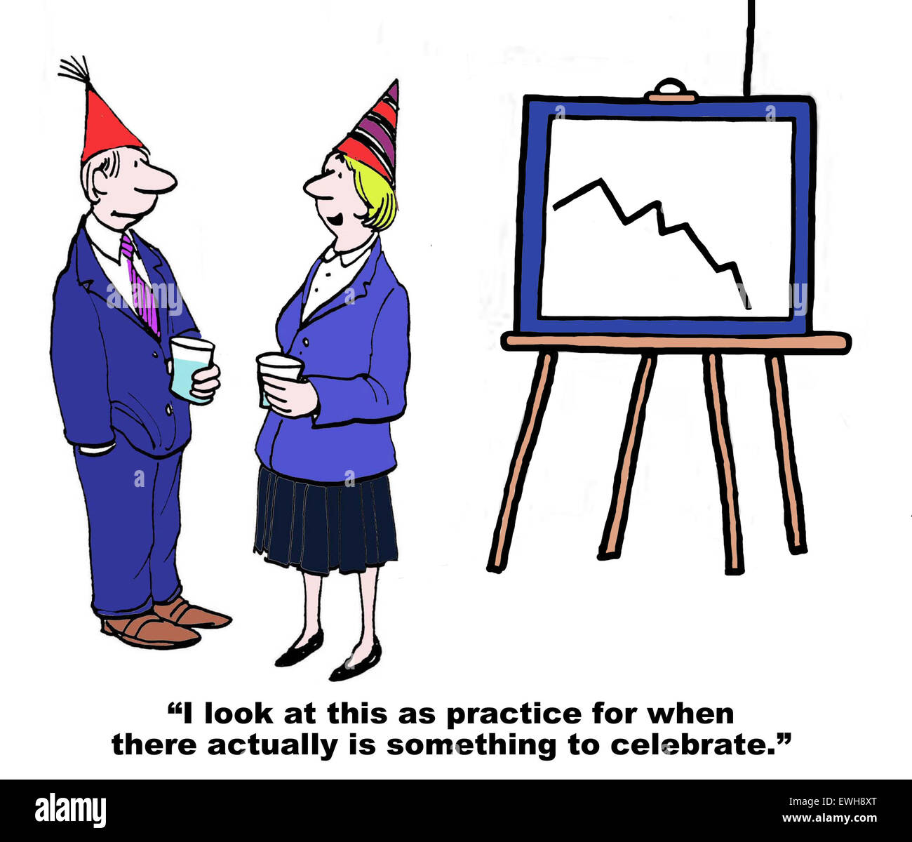 Business cartoon of people wearing party hats and a chart of declining sales, '...practice for when ... something to celebrate'. Stock Photo