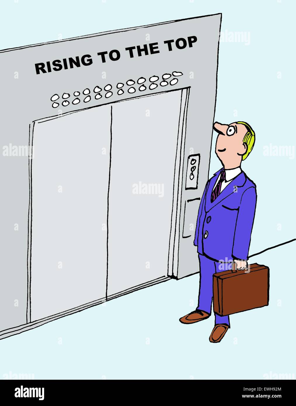 Business cartoon of businessman and the words, 'rising to the top'. Stock Photo