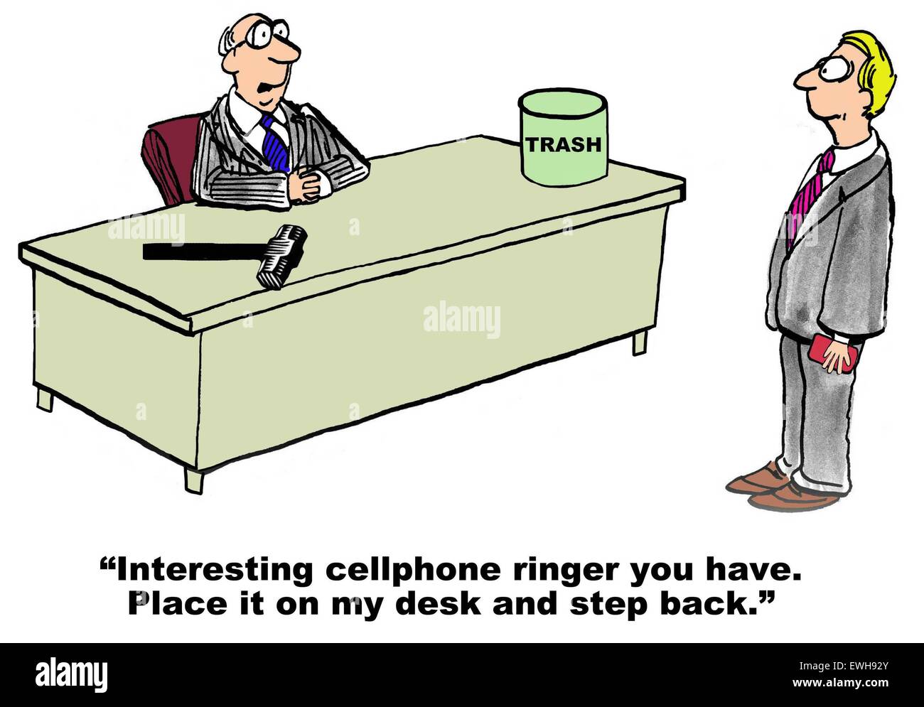 Business cartoon of boss and manager with phone, boss says, 'interesting cellphone ringer... place it on my desk, step back.' Stock Photo