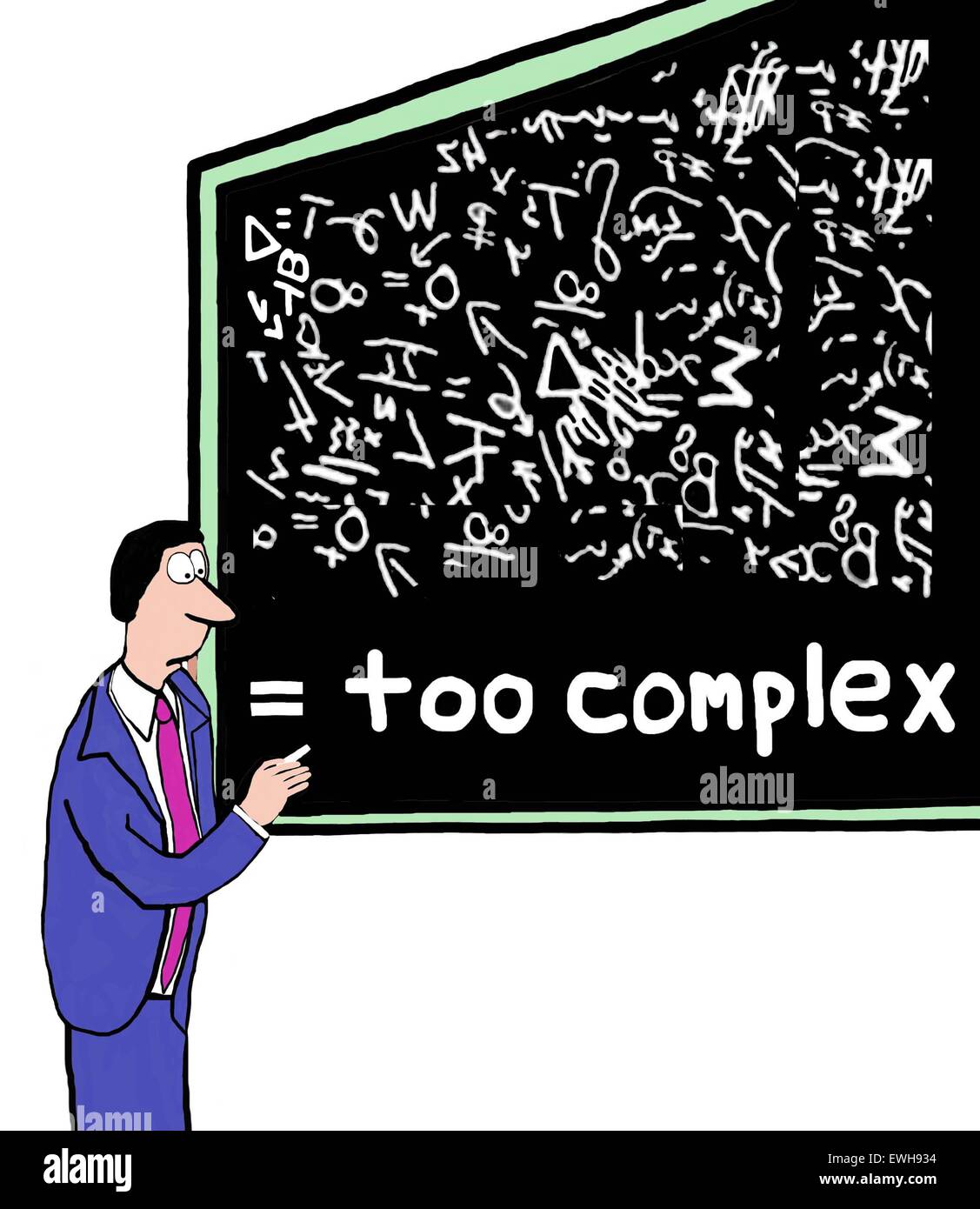 Business cartoon of businessman at blackboard and the words, 'too complex'. Stock Photo