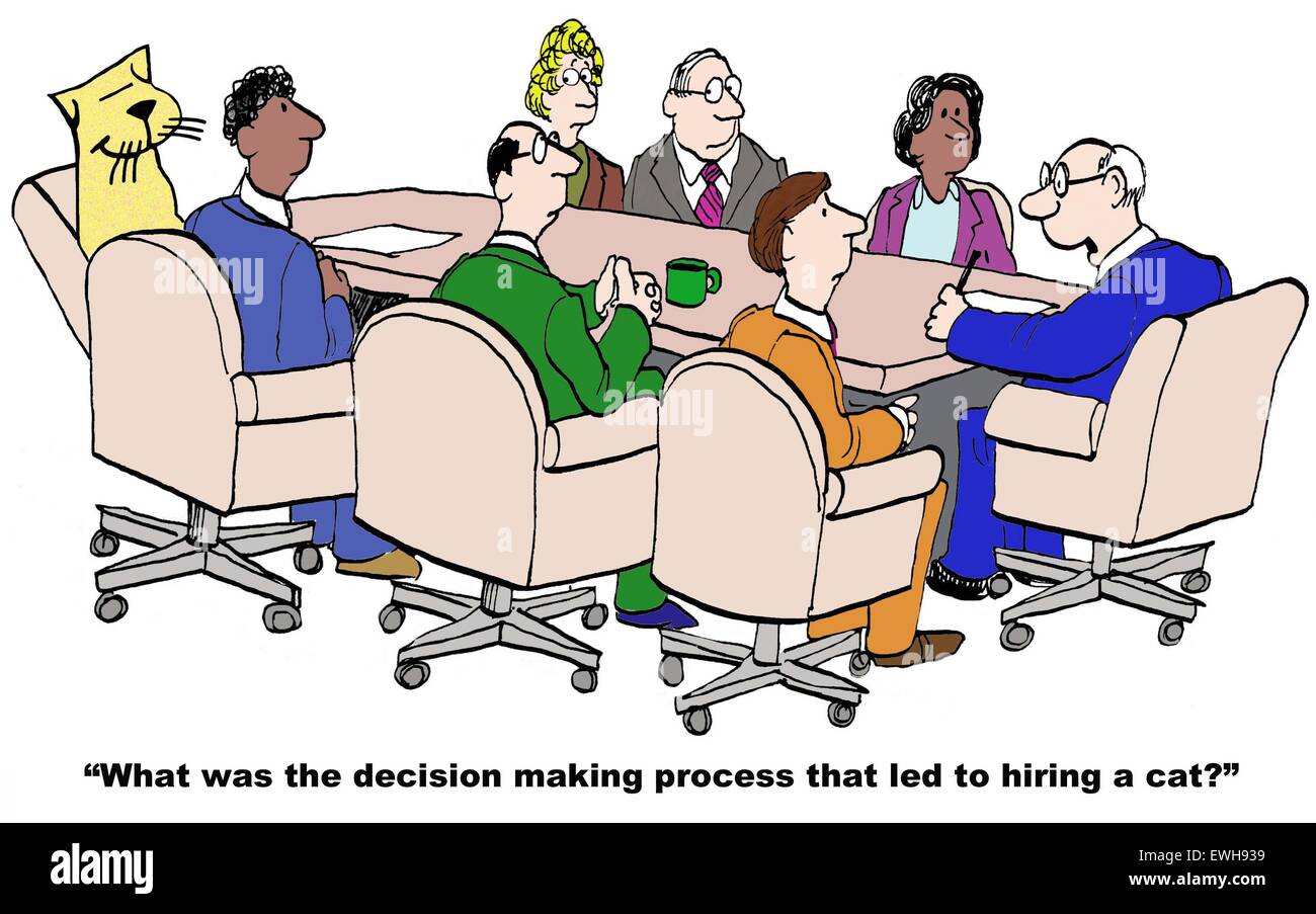 Business cartoon of meeting including a cat and boss asking, 'what was the decision making process that led to hiring a cat'. Stock Photo
