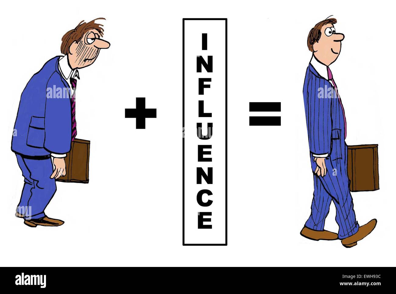 Business cartoon showing the positive impact of 'influence' on the businessman. Stock Photo