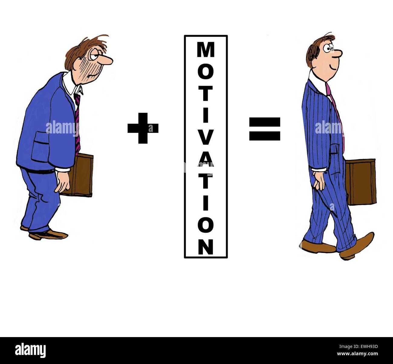 Business cartoon showing the positive impact of 'motivation' on the  businessman Stock Photo - Alamy