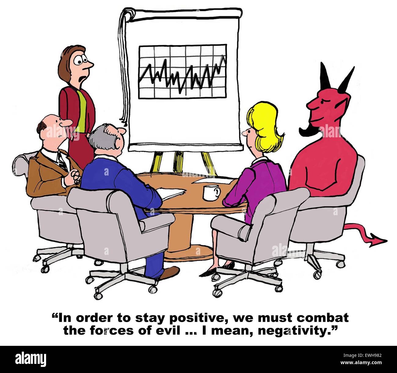 Business cartoon of meeting which includes the devil, leader says, '... to stay positive, we must combat the forces of evil...' Stock Photo