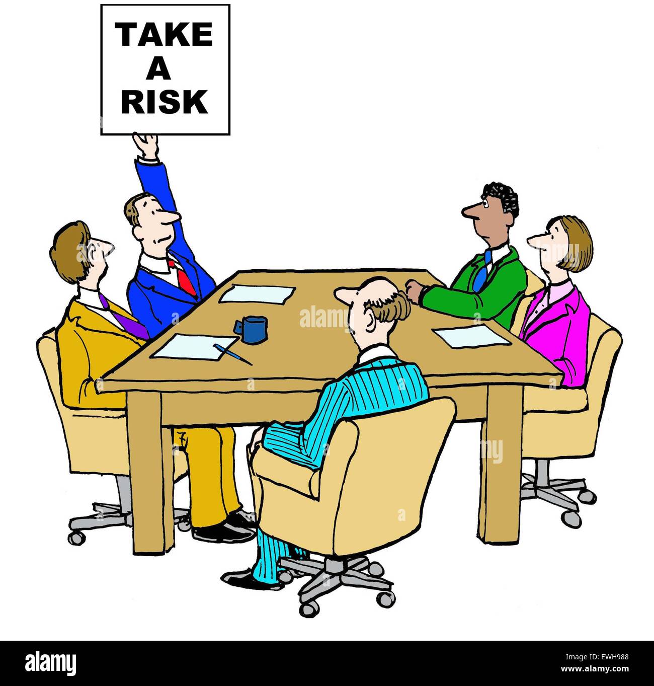 Business cartoon of meeting and manager raising a sign that says, 'take a risk'. Stock Photo
