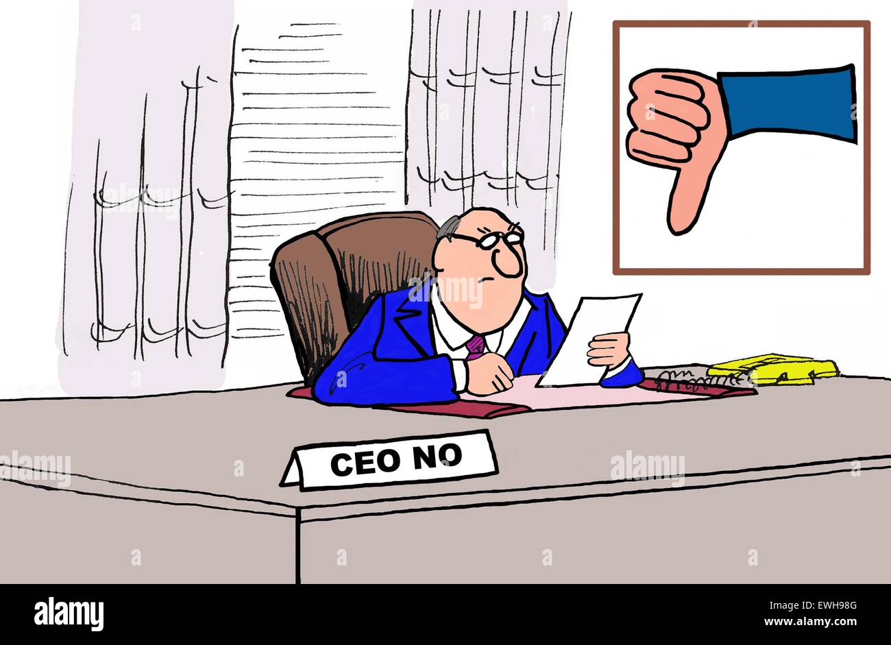 Business cartoon of businessman at his desk, wall art with 'thumbs down' and nameplate that reads, 'CEO No'. Stock Photo