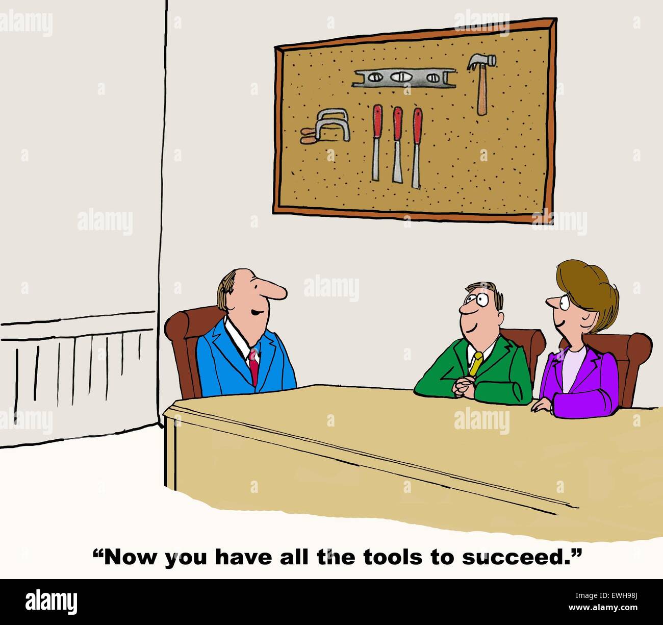 Business cartoon of meeting with tools hanging on the wall, leader says, 'now you have all the tools to succeed'. Stock Photo