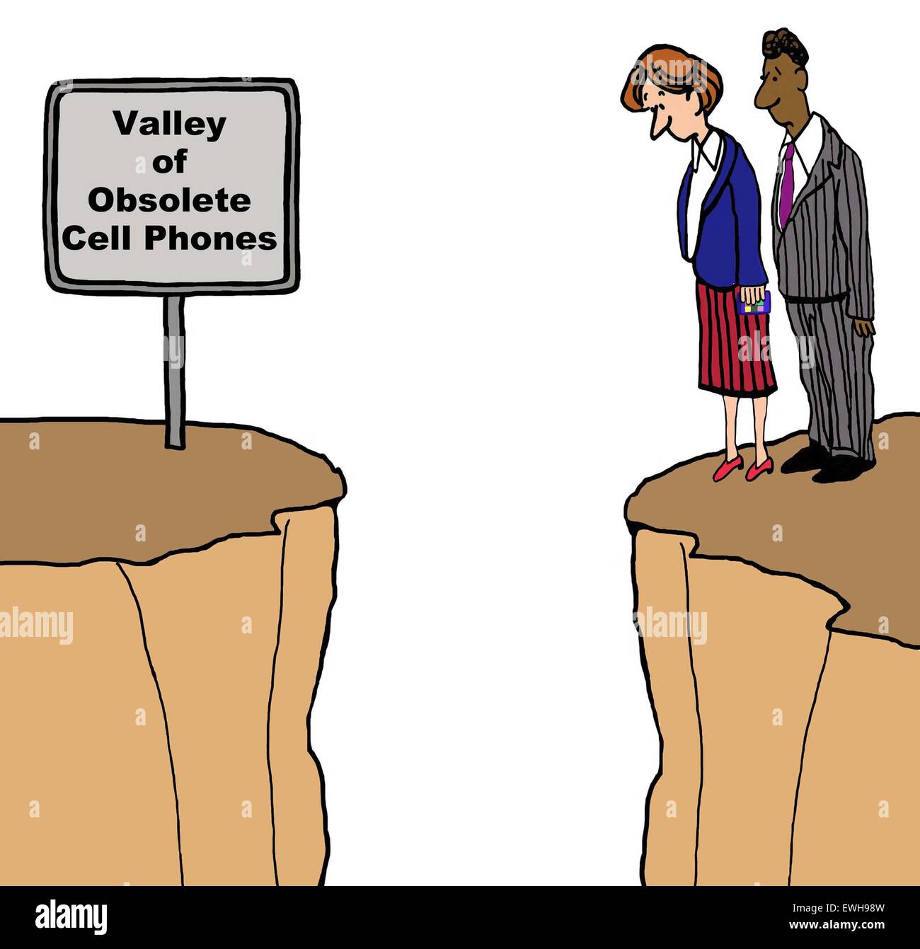 Business cartoon of two businesspeople looking down from cliff into valley and sign that reads, 'valley of obsolete cell phones' Stock Photo