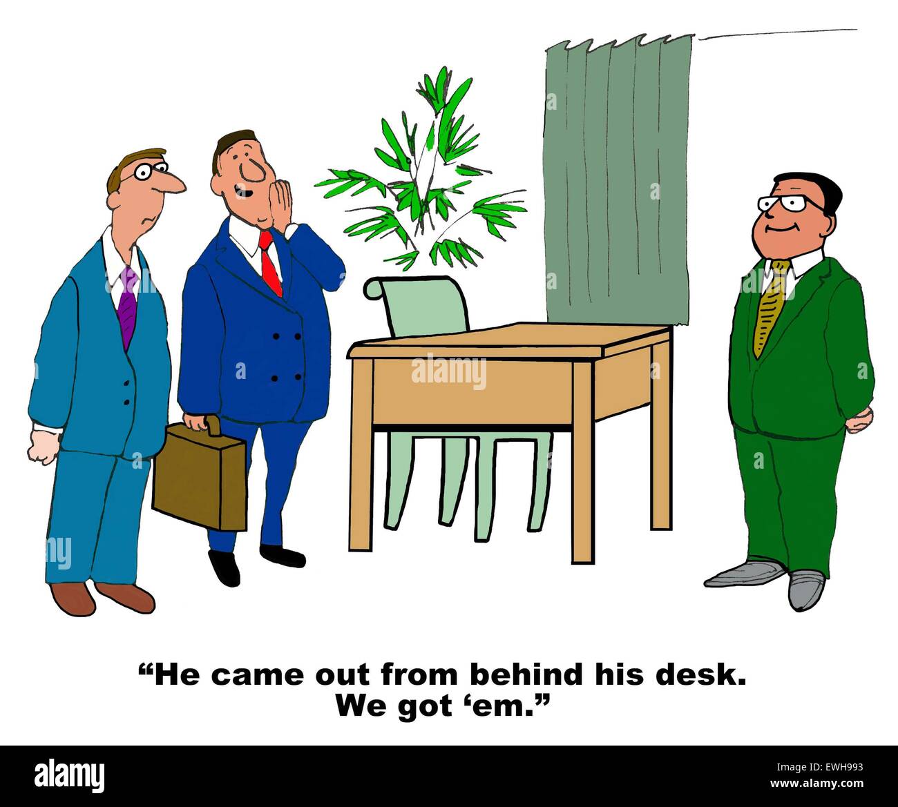 Business cartoon showing Asian businessman and American or European businessmen whispering, 'he came out from behind his desk... Stock Photo
