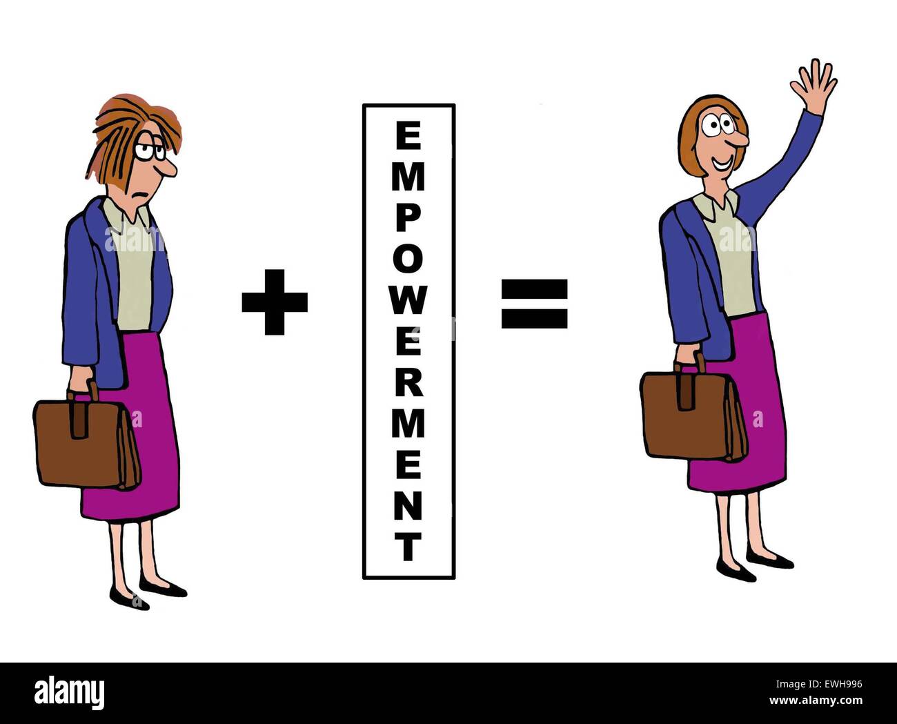 Business cartoon showing the positive impact of 'empowerment' on the businesswoman. Stock Photo