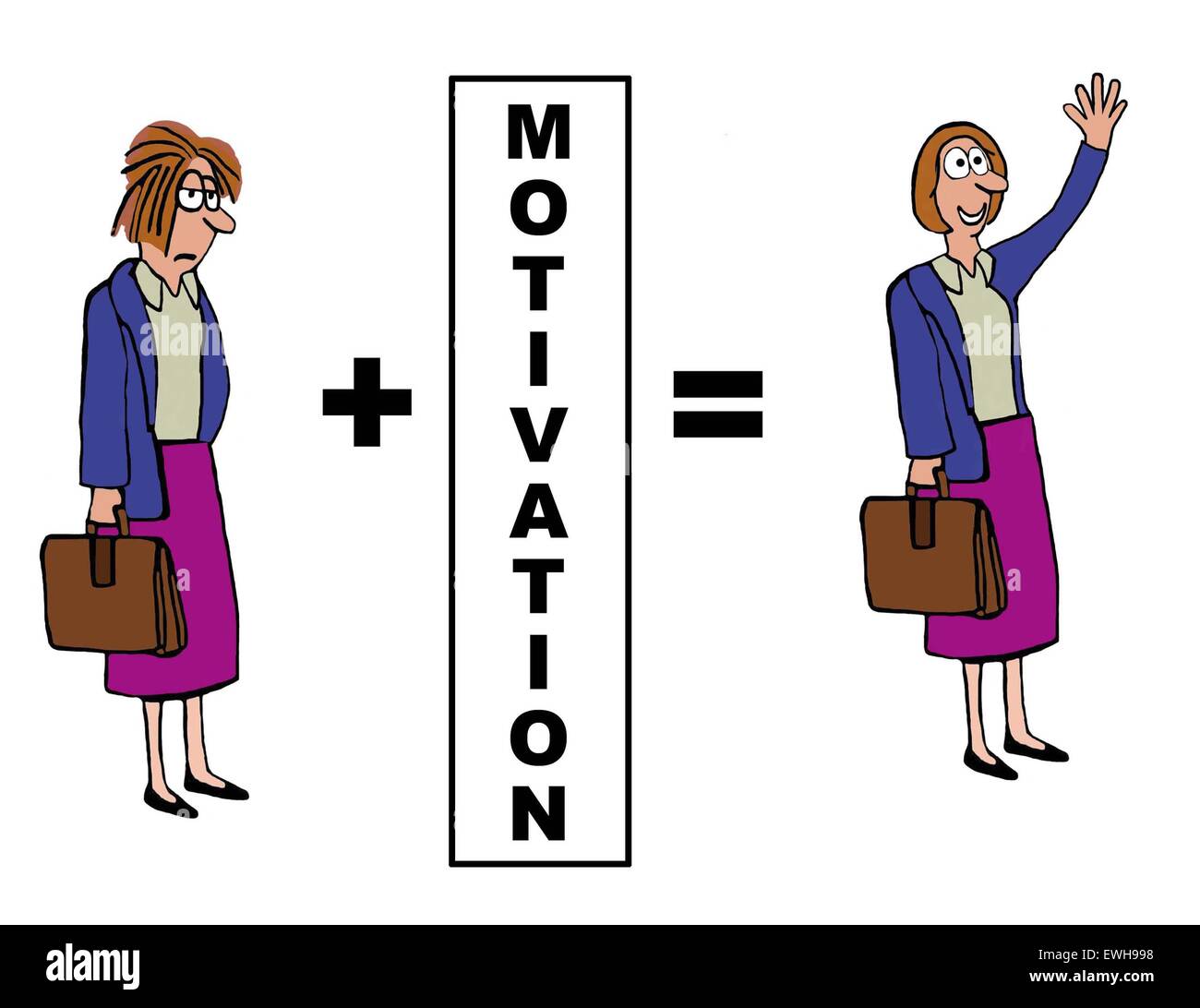 Business cartoon showing the positive impact of 'motivation' on the businesswoman. Stock Photo