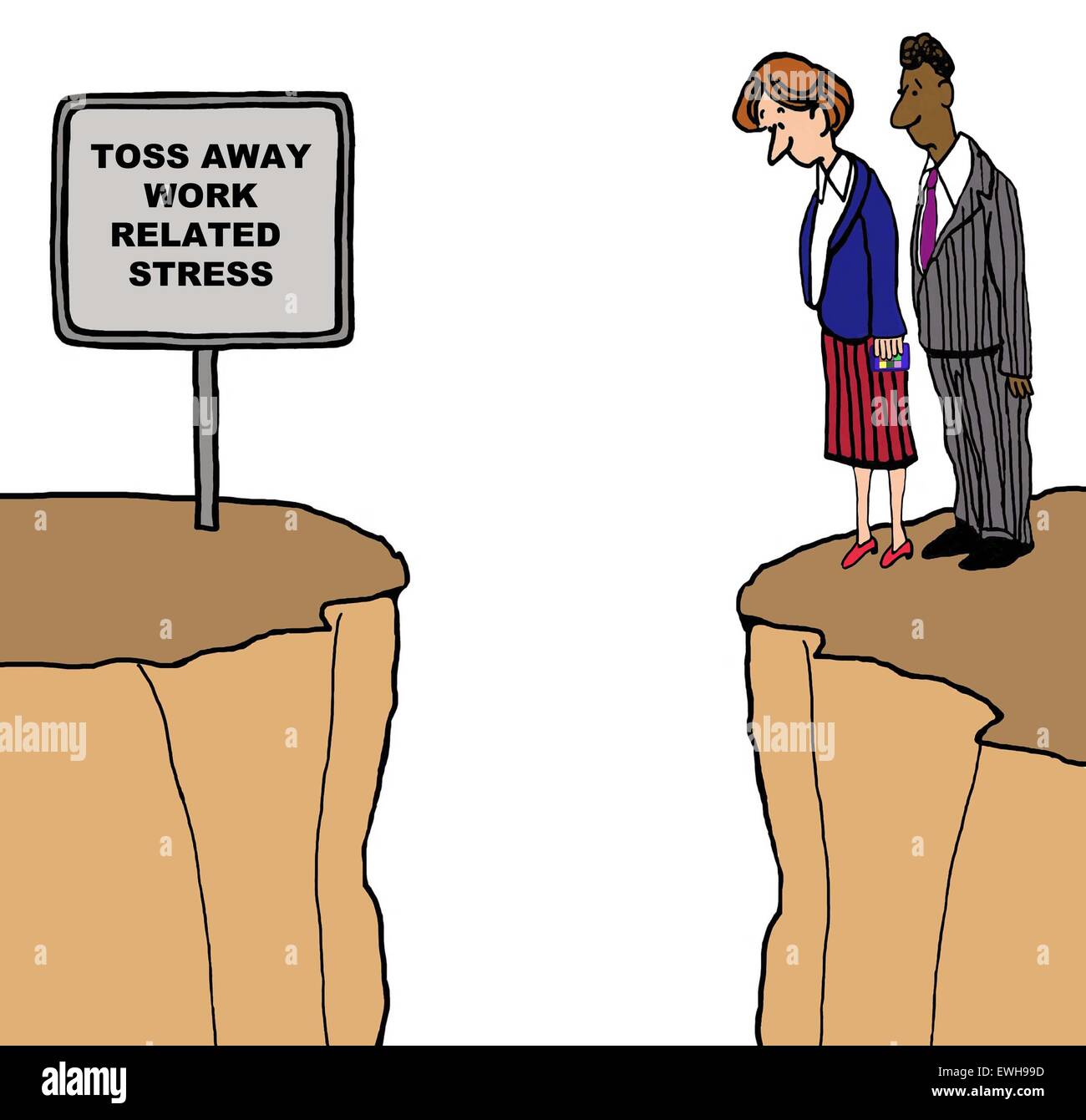 Business cartoon of two businesspeople looking down into a valley from a cliff, sign reads, 'toss away work related stress'. Stock Photo