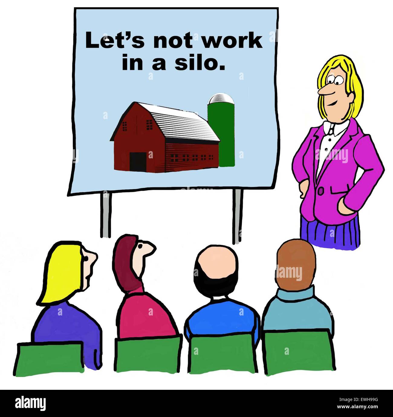 Business cartoon of seminar leader on seminar topic 'let's not work in a silo'. Stock Photo