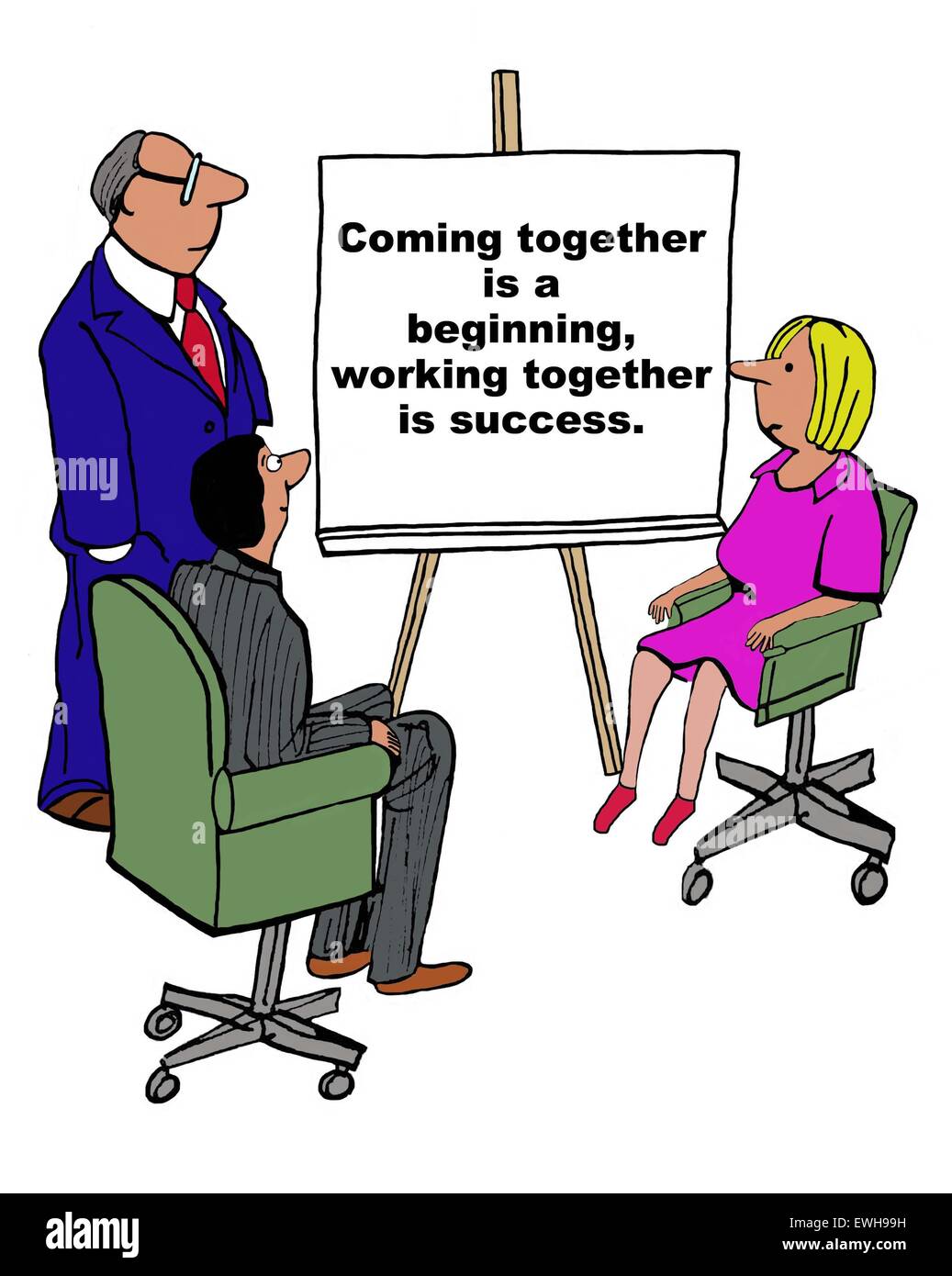Business cartoon of meeting and chart that reads, 'coming together is a beginning, working together is success'. Stock Photo