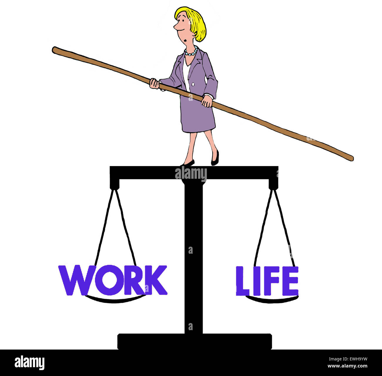 Business cartoon of businesswoman balancing on the weight scale which is weighing 'work' and 'life'. Stock Photo