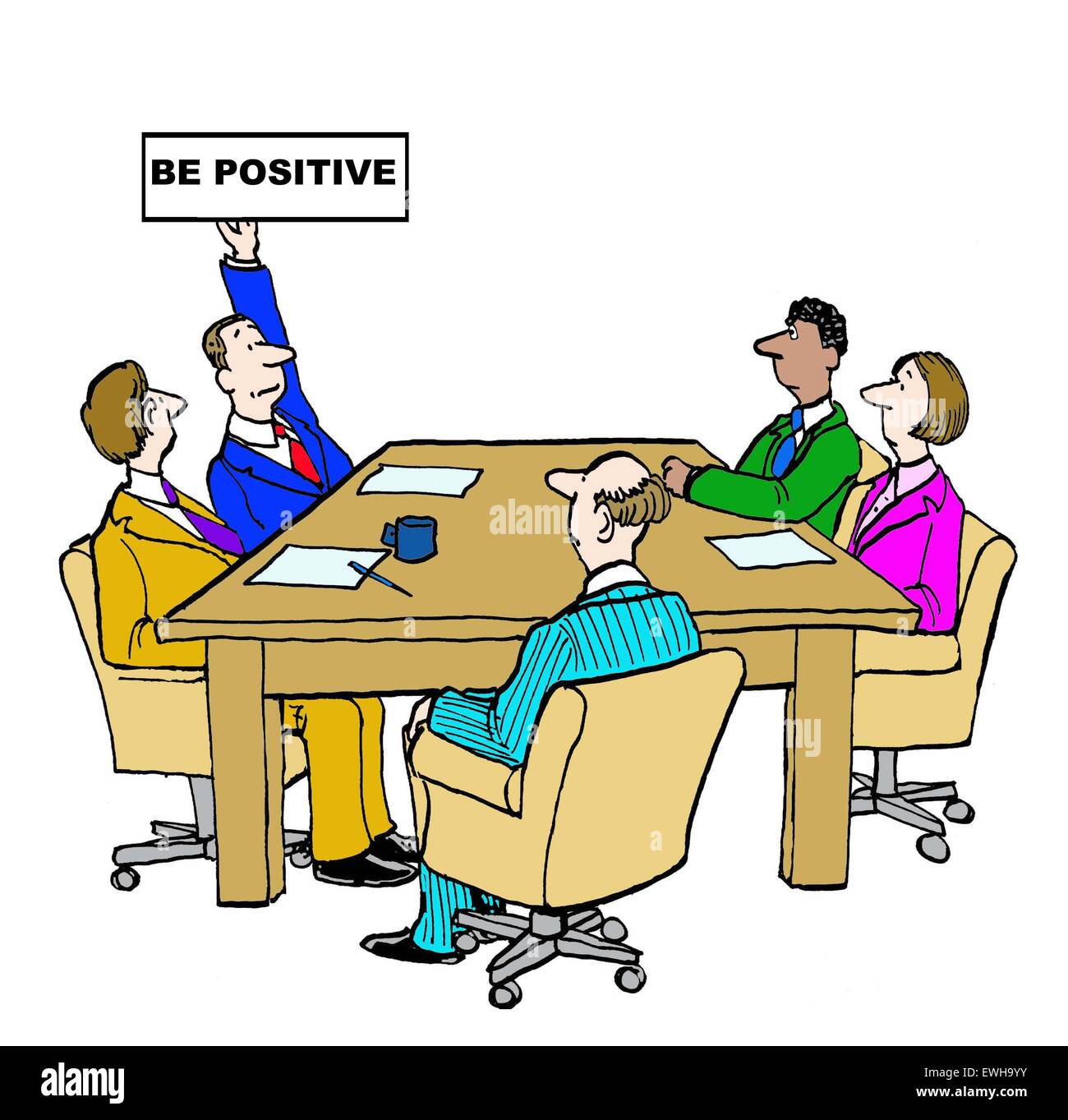 Business cartoon of meeting and manager holding up sign that reads, 'be positive'. Stock Photo