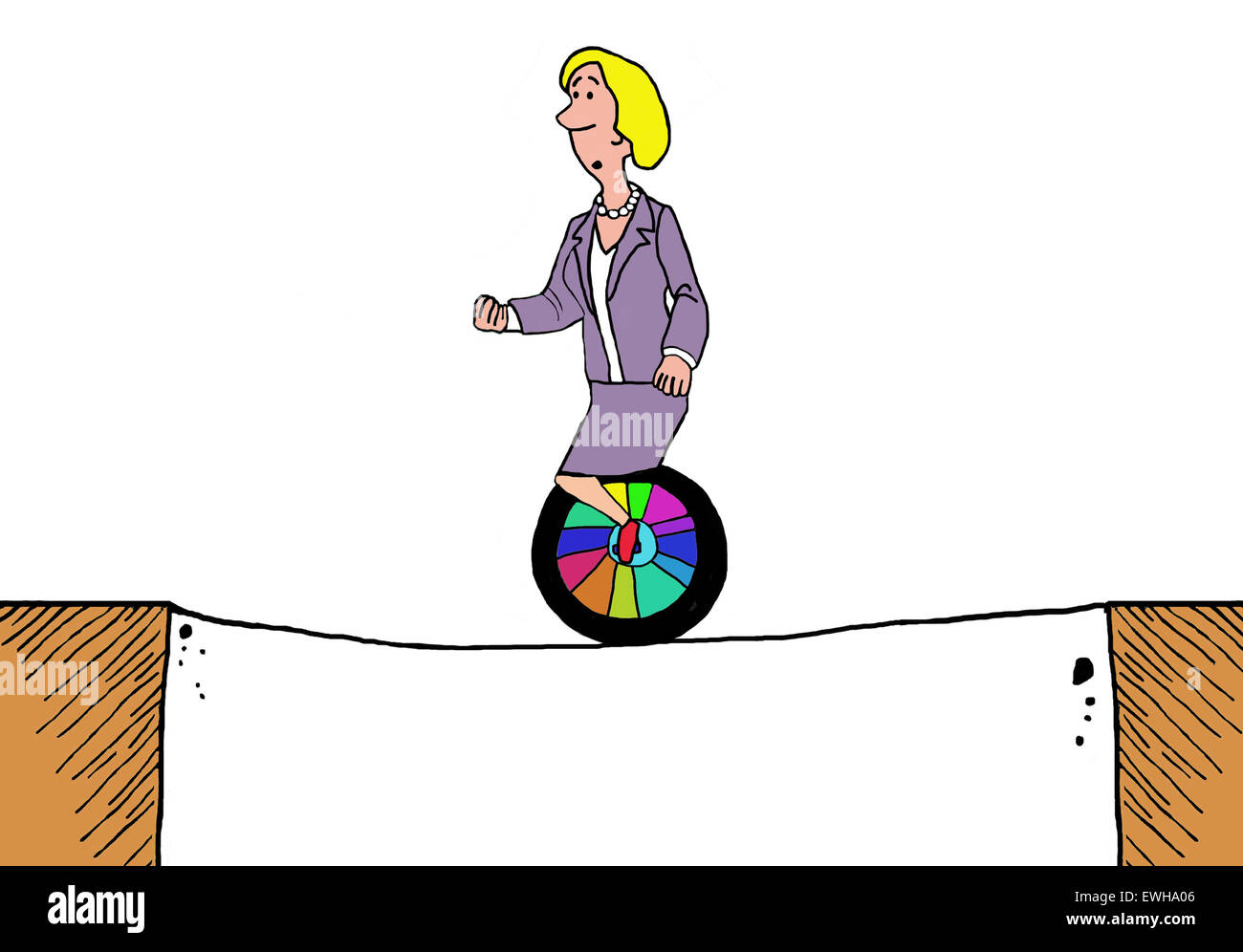 Business cartoon of businesswoman riding a unicycle on a tightrope