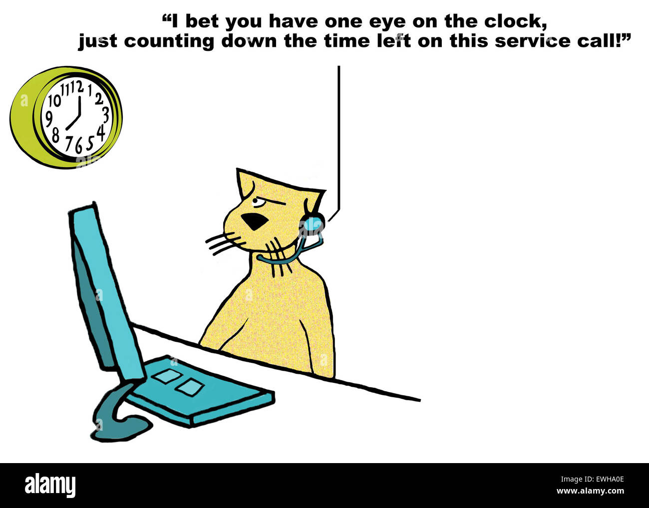 Business cartoon of customer service cat and caller saying, '... counting down the time left on this service call'. Stock Photo