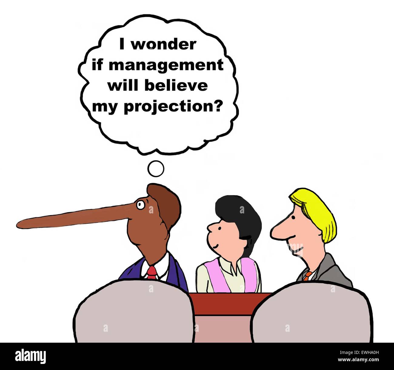 Business cartoon of meeting and manager with long nose thinking, 'I wonder if management will believe my projection' Stock Photo - Alamy Business cartoon of meeting and manager with long nose thinking, 'I wonder if management will believe my projection' Stock Photo - Alamy