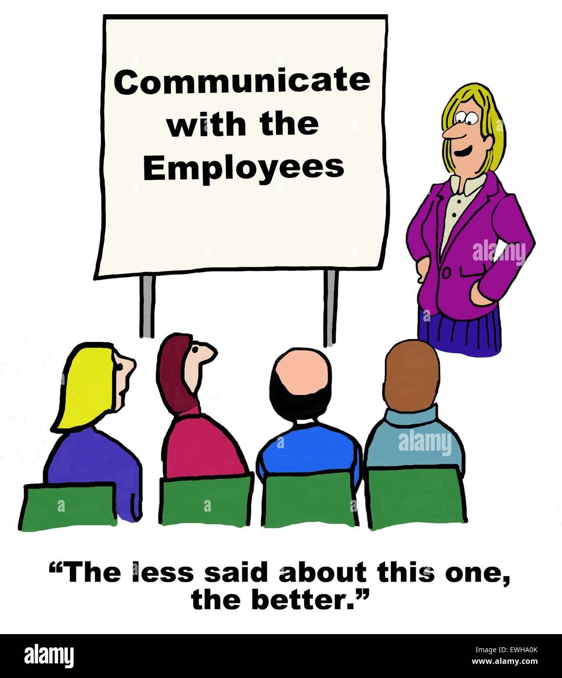 Business cartoon of seminar on 'communicate with the employees'.  Leader says, 'the less said... the better'. Stock Photo