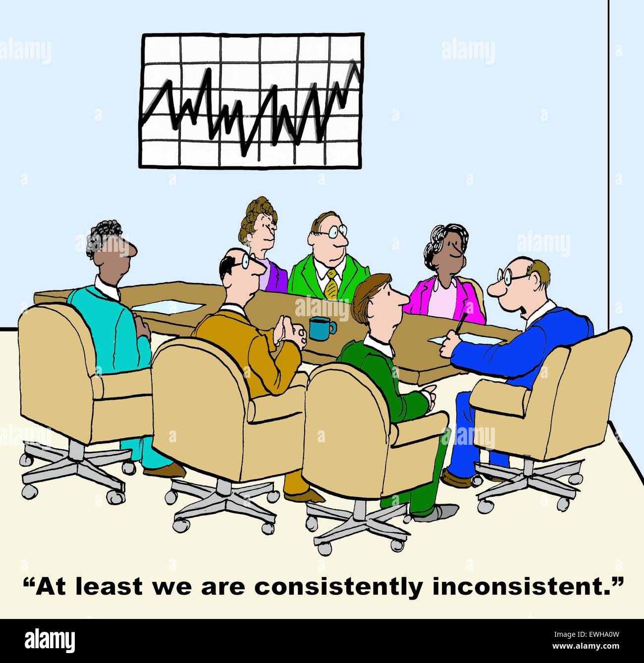 Business cartoon of meting and chart showing inconsistent sales, leader says, 'at least we are consistently inconsistent'. Stock Photo