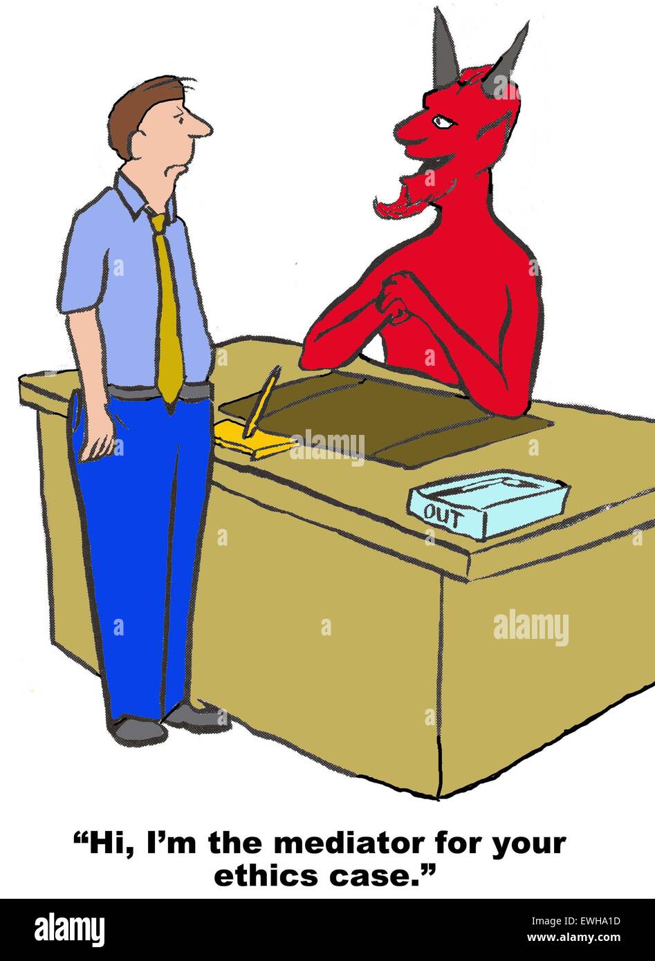 Business cartoon of devil saying to businessman, 'Hi, I'm the mediator for your ethics case'. Stock Photo