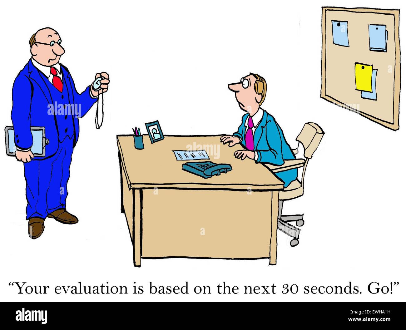 Business cartoon of boss saying to startled manager, 'your evaluation is based on the next 30 seconds, go' Stock Photo - Alamy Business cartoon of boss saying to startled manager, 'your evaluation is based on the next 30 seconds, go' Stock Photo - Alamy