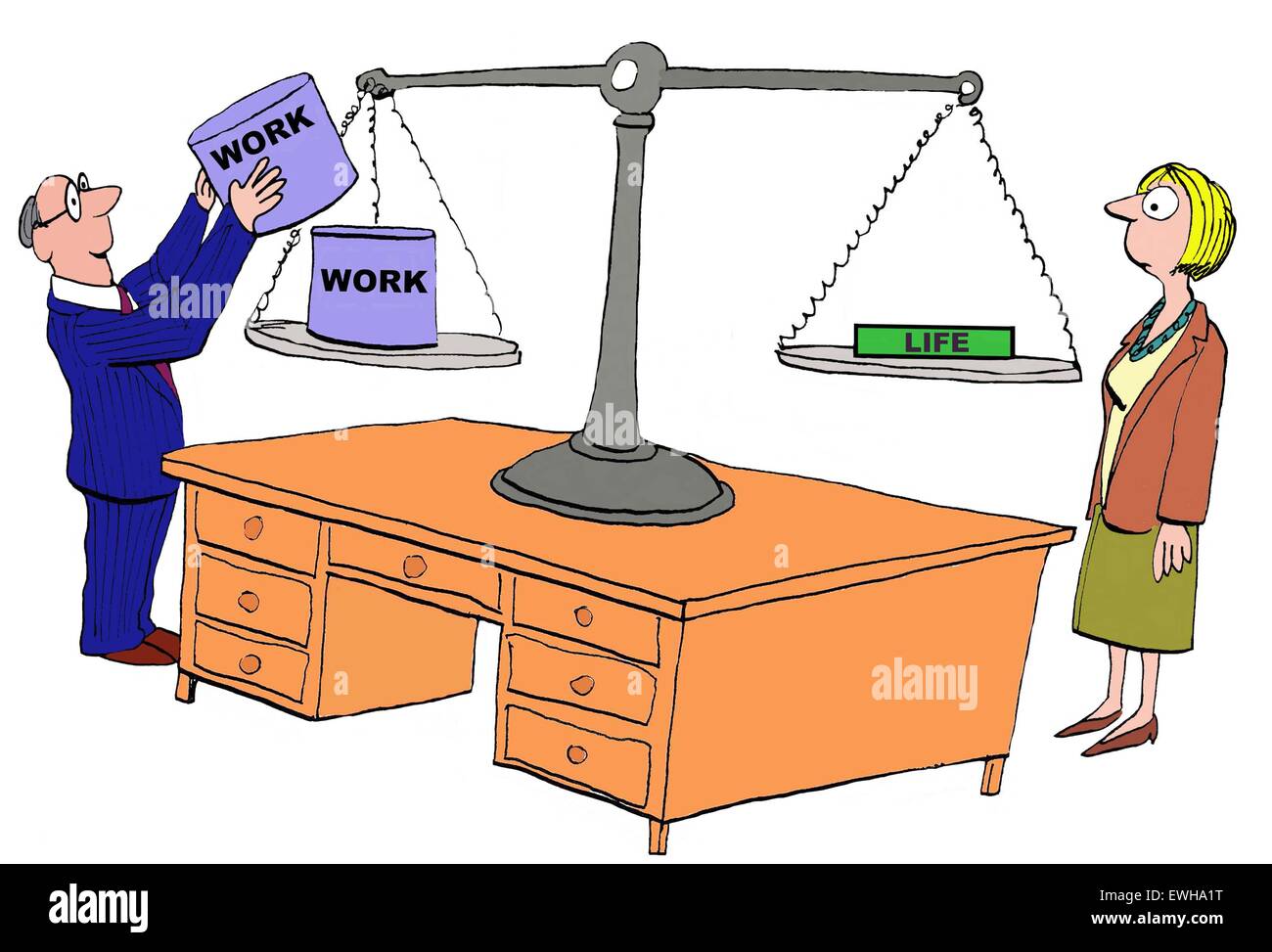 Business cartoon showing boss loading more 'work' onto the businesswoman's scale, very little left for 'life'. Stock Photo