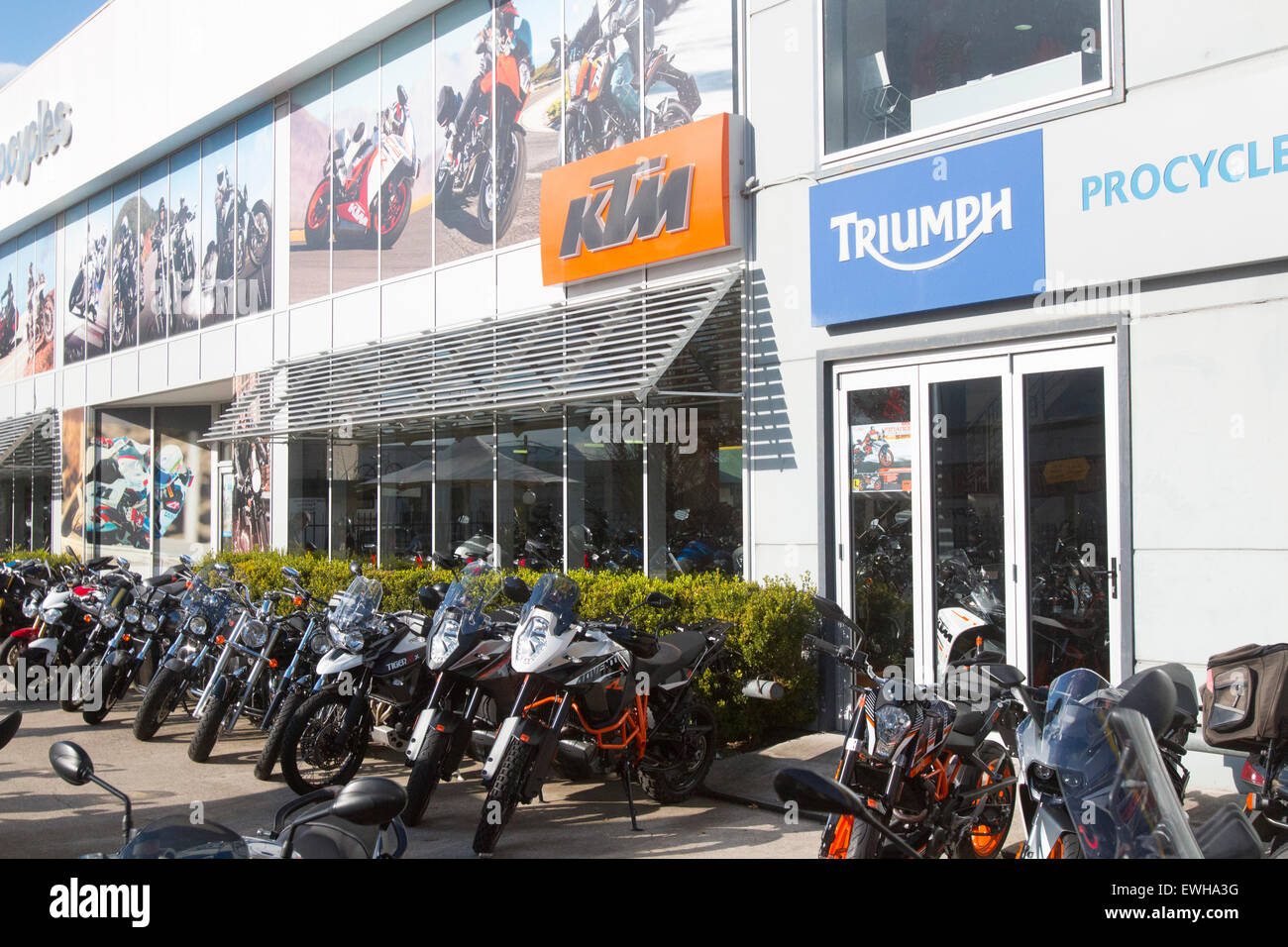 Triumph and KTM Motorbikes for sale at a Sydney motorcycle dealership, New South Wales,Australia Stock Photo