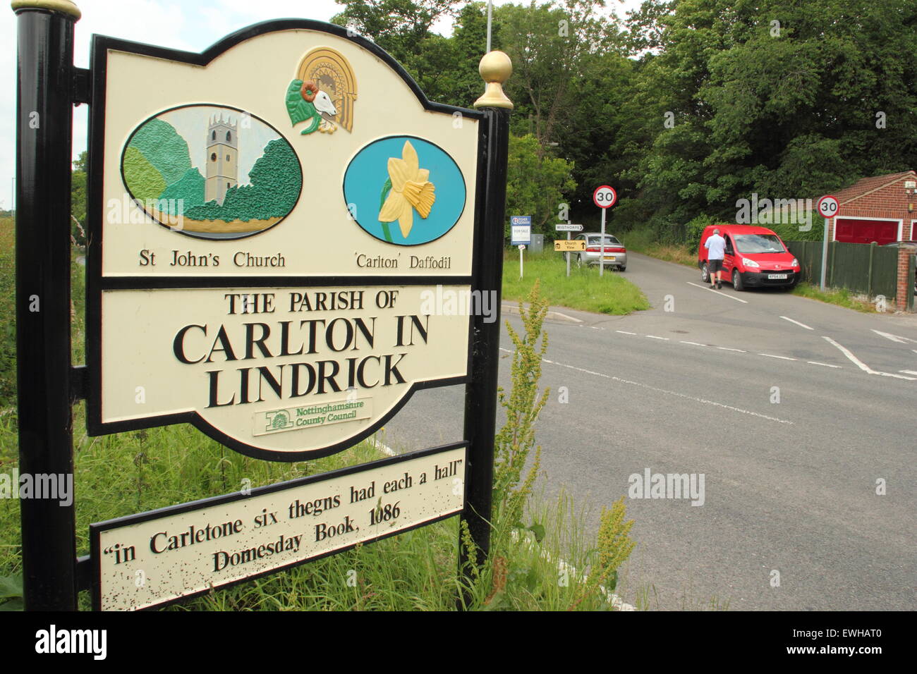 An entrance sign to Carlton in Lindrick; a village near Worksop in
