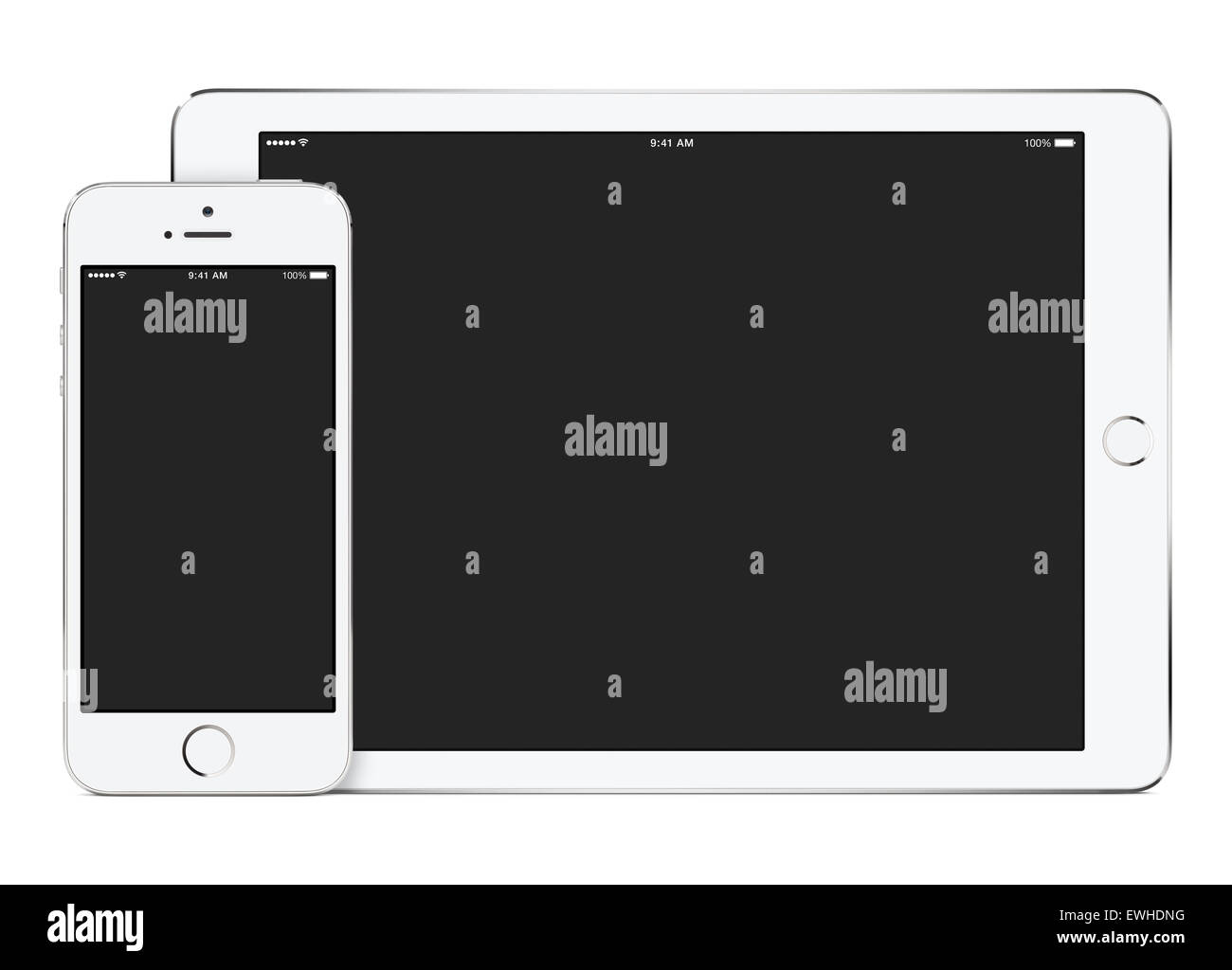 White tablet computer in landscape orientation and smartphone in