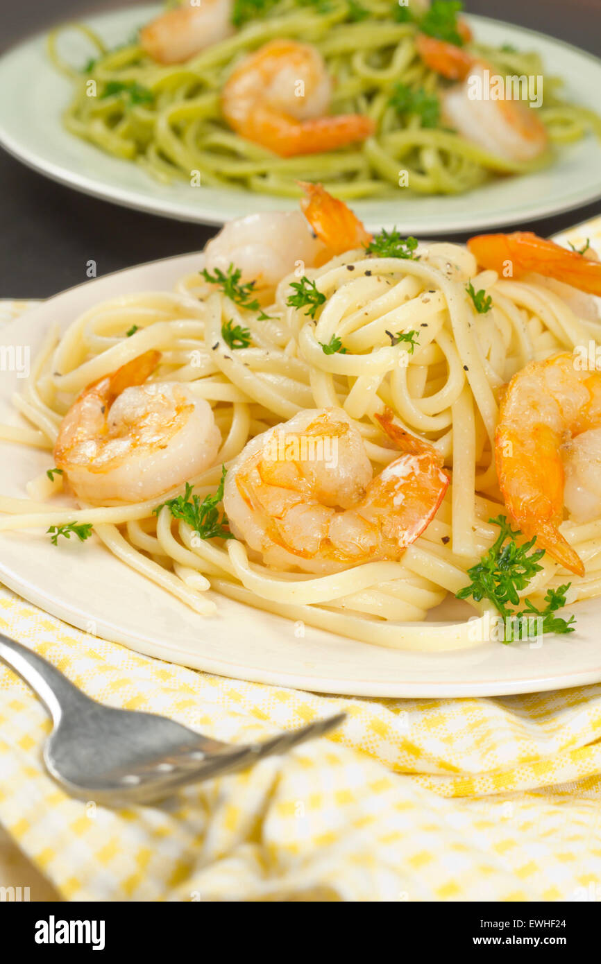 Shrimp scampi with linguine lemon and parsley Stock Photo