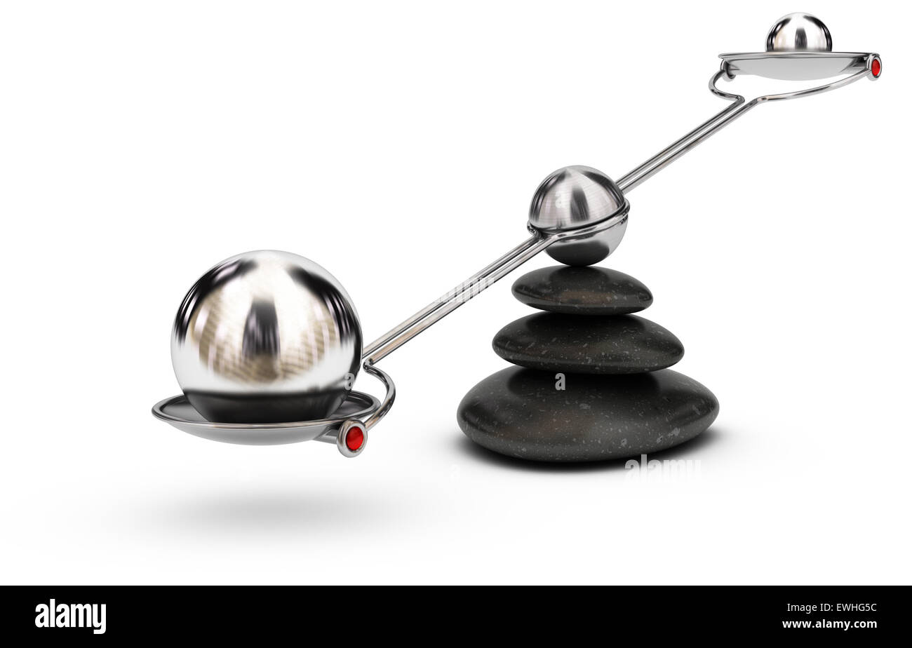 Two spheres with different sizes on a seesaw over white background, imbalance concept or symbol Stock Photo