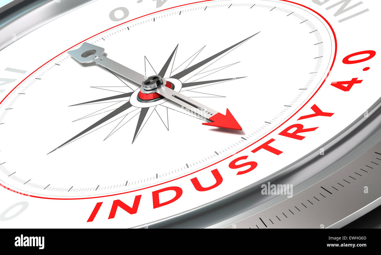 Compass with needle pointing the word industry 4.0. Concept of industrial future confidence concept over white background. Stock Photo