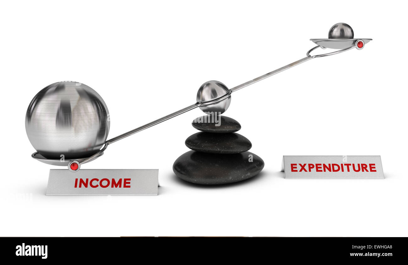 Two spheres with different sizes on a seesaw with the words income and expenditure over white background, profit or ROI concept. Stock Photo