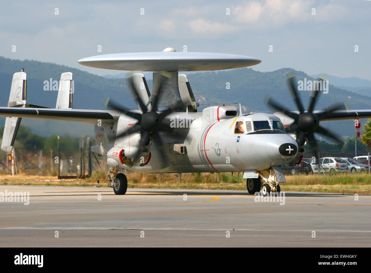 French Navy E-2C Hawkeye radarplane taxiing for take-off on the French Naval base Hyeres. Stock Photo