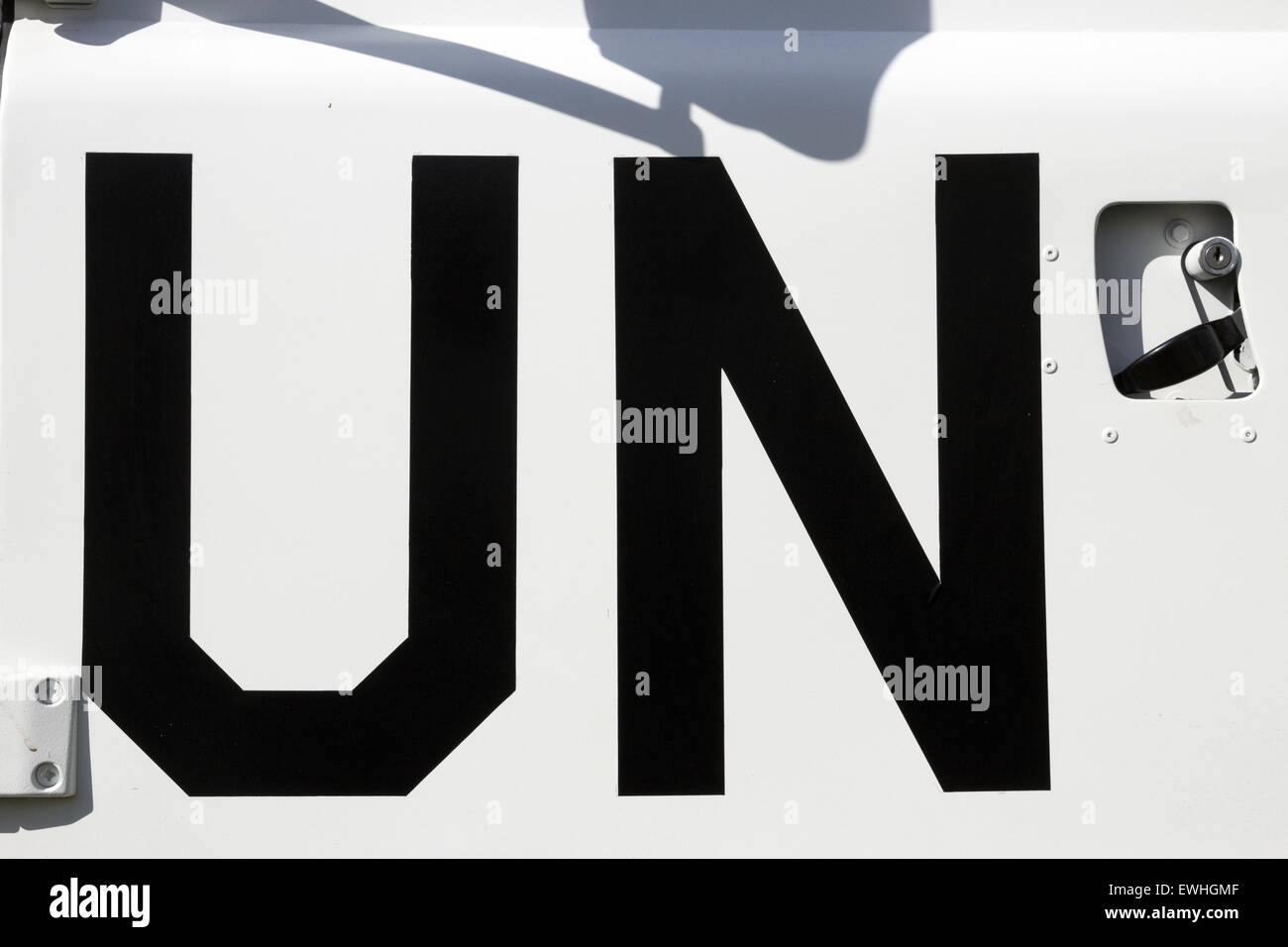 UN sign on a United Nations peacekeeping truck Stock Photo