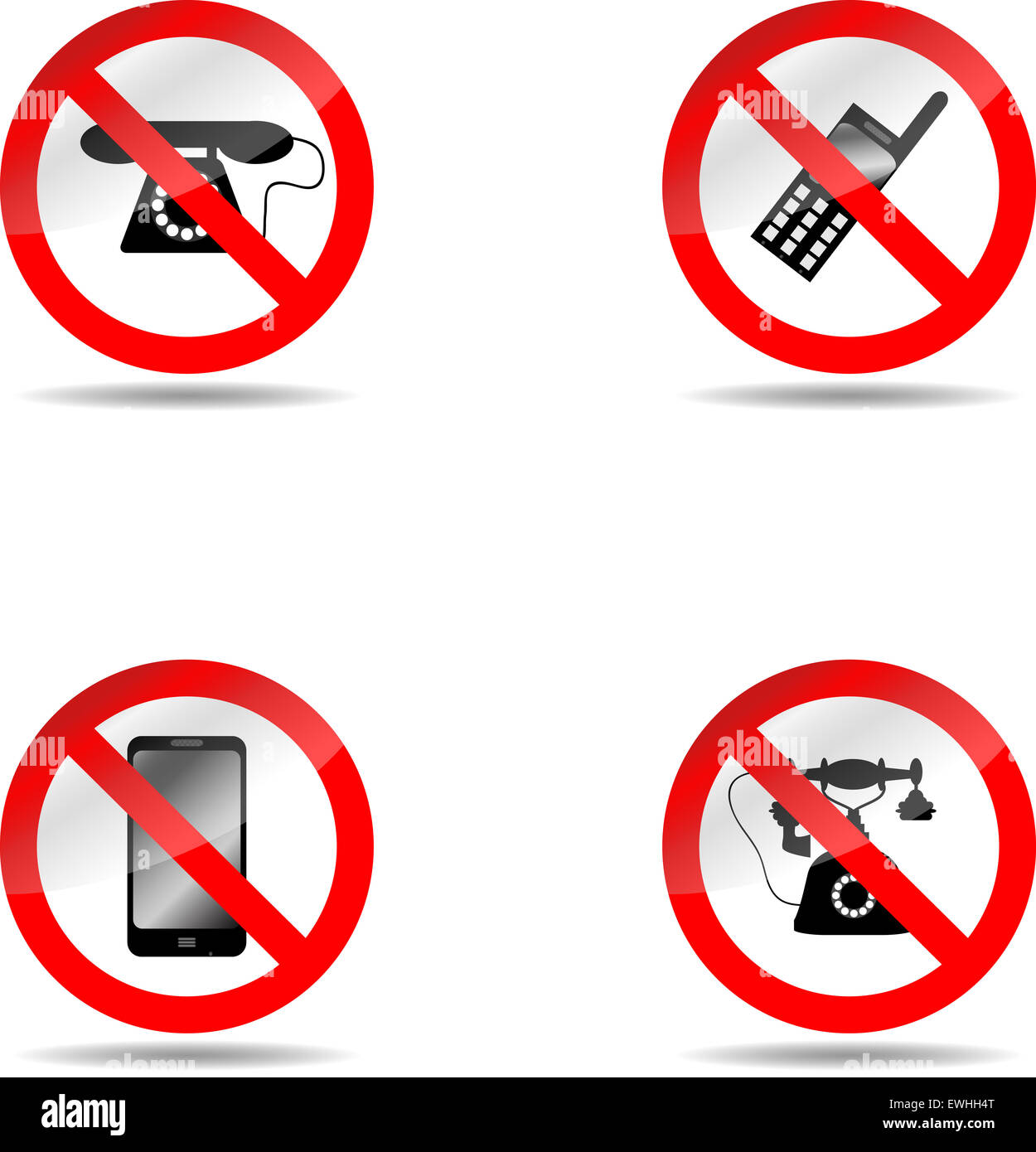 Ban phone set. Forbidden mobile, prohibited sign, call telephone communication, vector graphic illustration Stock Photo